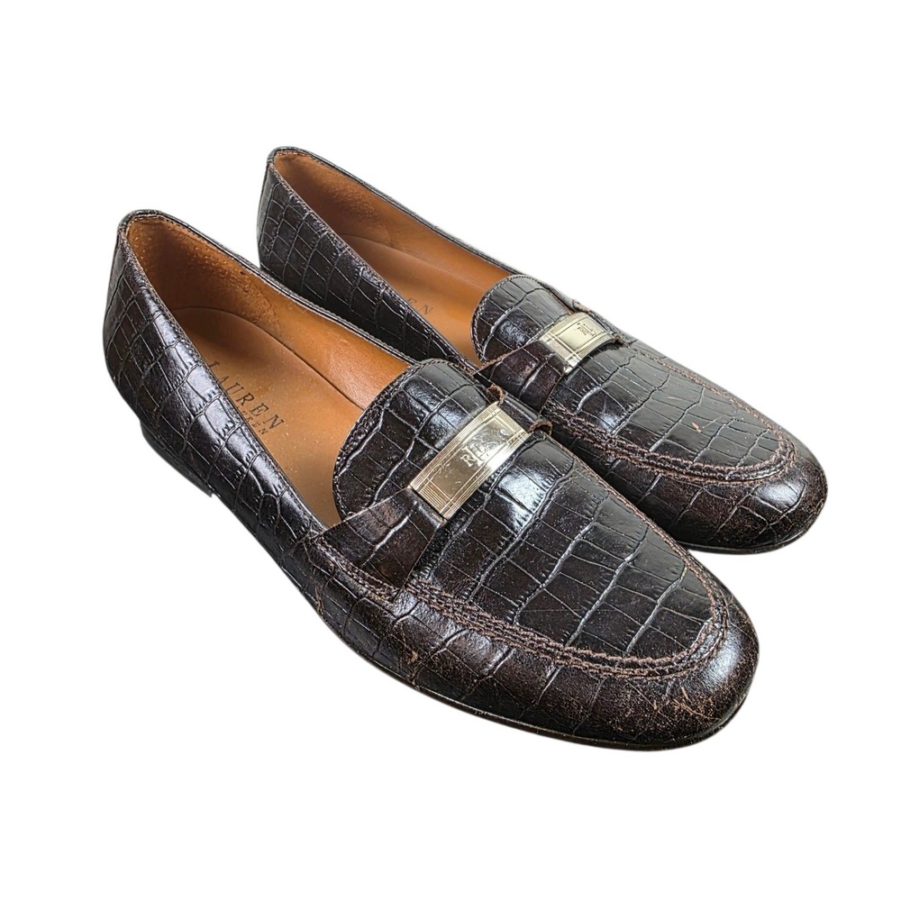 Lauren Ralph Lauren Loafers Womens 7.5 AA Brown Good Croc Embossed RL Logo Bar